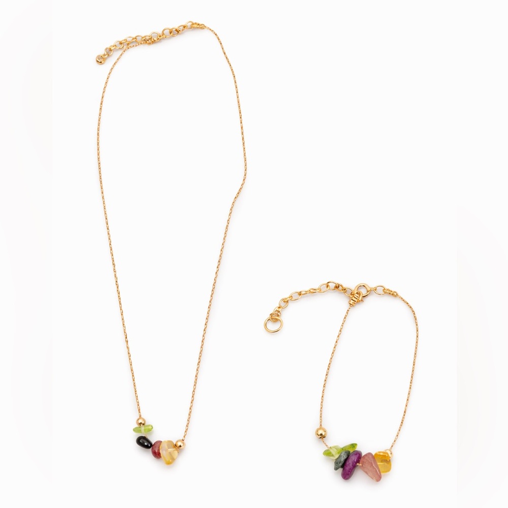 Colorful Gemstone Chip Necklace & Bracelet Set | Stainless Steel Adjustable Boho